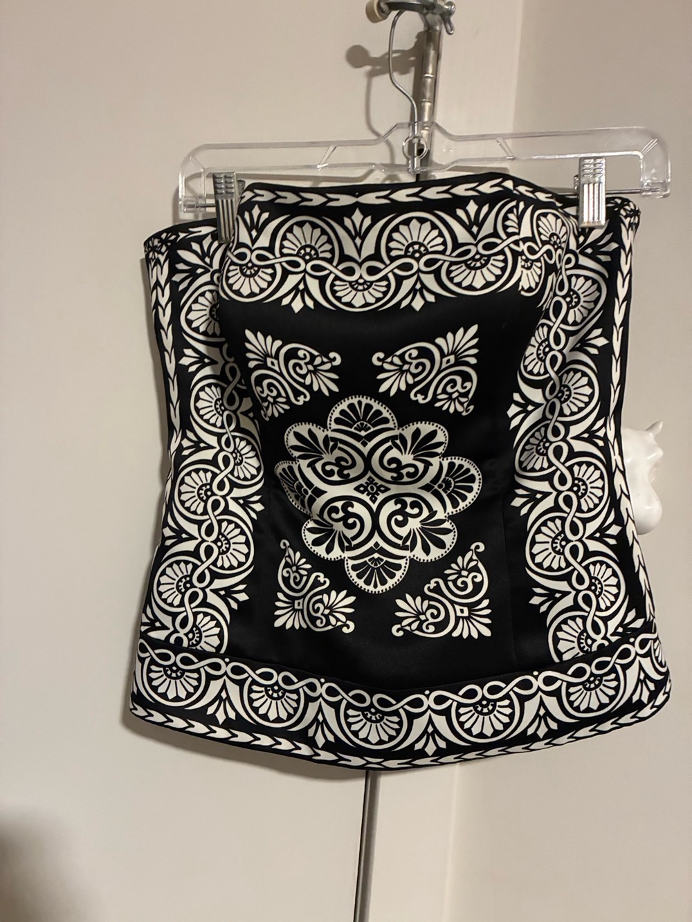 WHBM Strapless, structured, satin corset top.